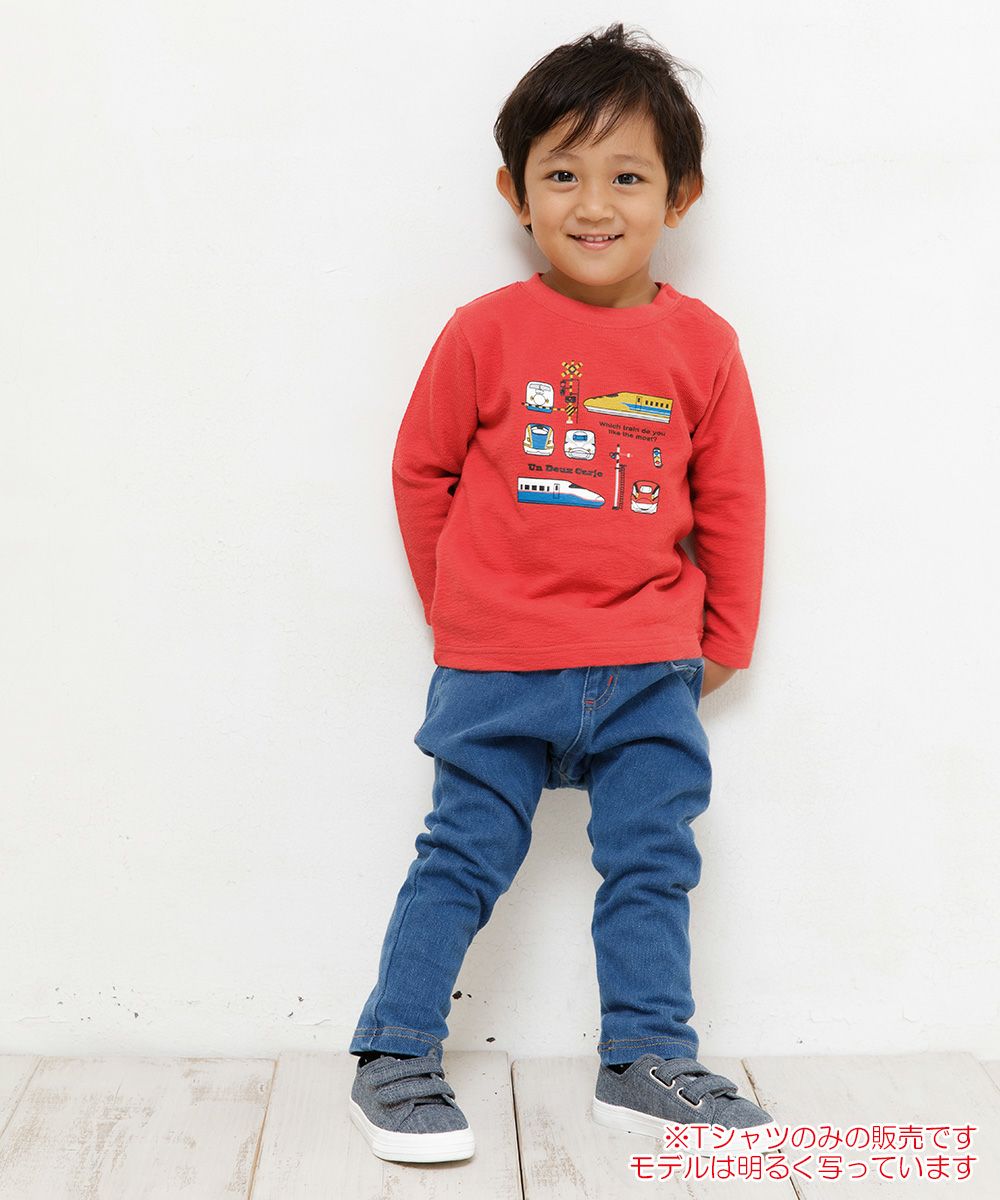 Children's clothing boy 100 % Cotton Series Series Print Train T -shirt Red (03) Model image whole body