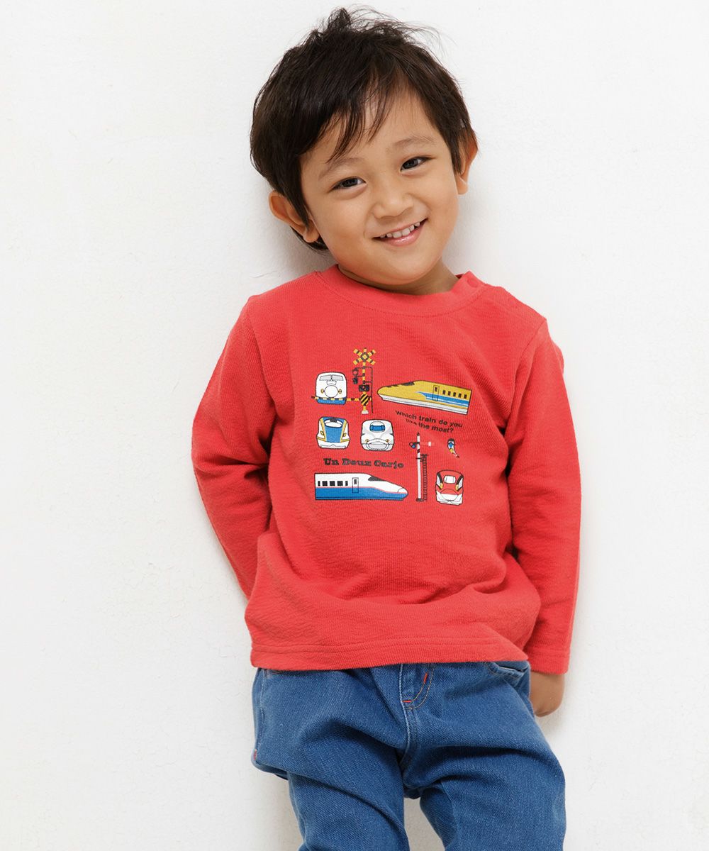 Children's clothing boy 100 % Cotton Series Series Print Train T -shirt Red (03) Model Image 3