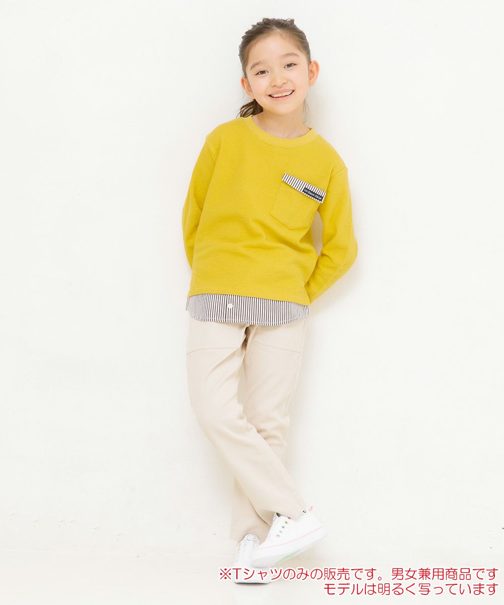 Children's clothing Girls Boys Boy Men and Women with pocket -style dress -style T -shirt yellow (04) model image whole body