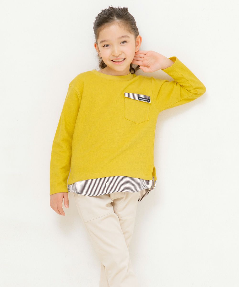 Children's clothing Girls Boys Boy Men and Women With Pocket -Wear Wearing T -shirt Yellow (04) Model Image 2