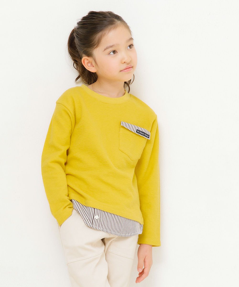 Children's clothing Girls Boys Boy Men and Women With Pocket -Wear Wearing T -shirt Yellow (04) Model Image 3