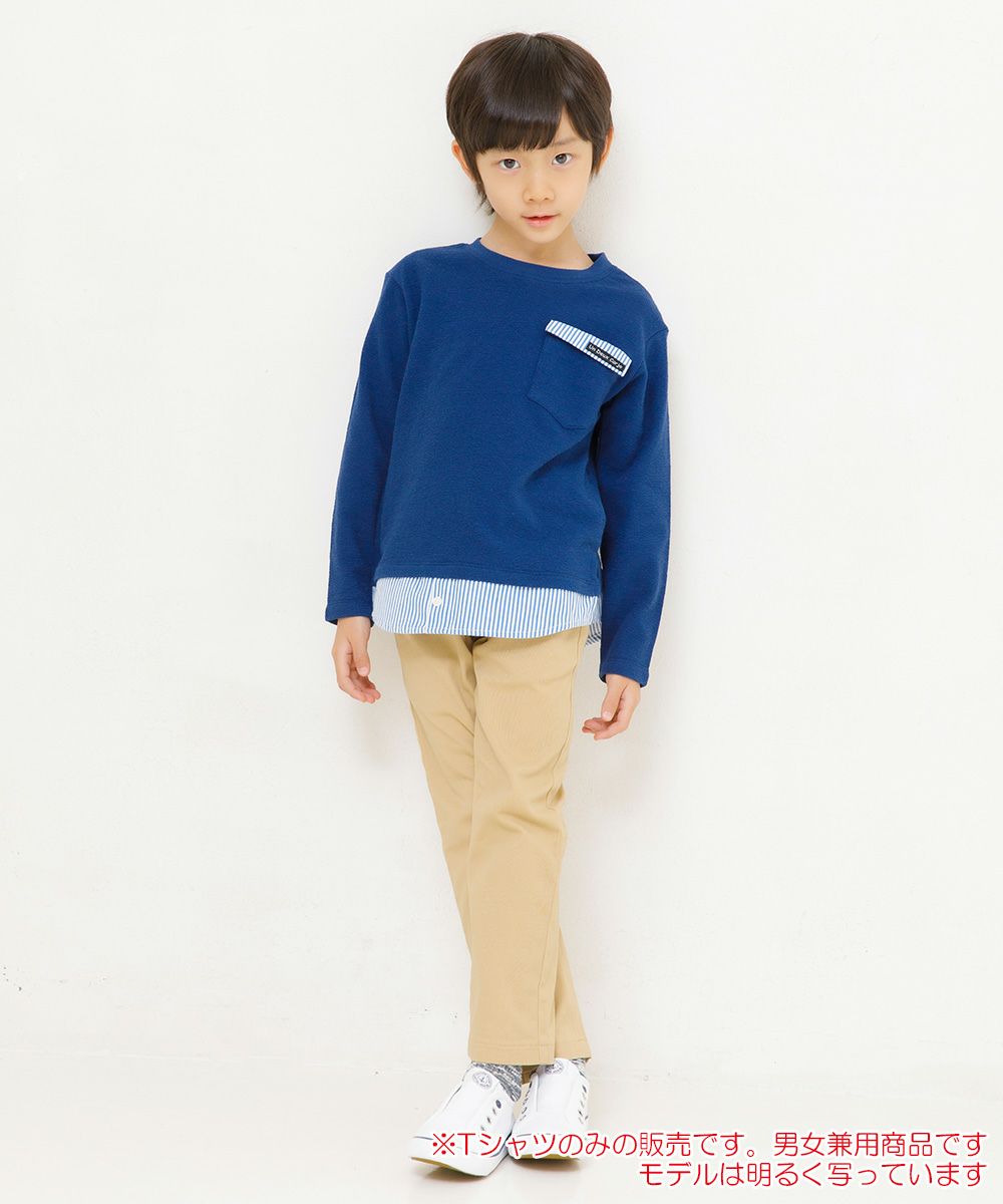 Children's clothing Girls Boys Boy Men and Women with pocket -style piled style T -shirt navy (06) model image whole body
