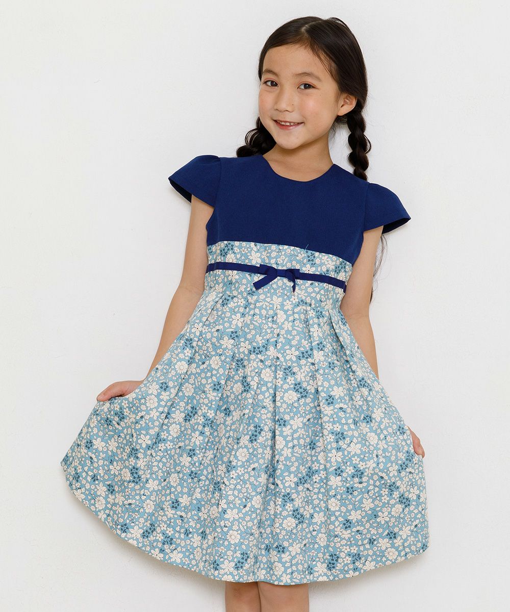 Made in Japan floral tack dress with ribs Navy model image up