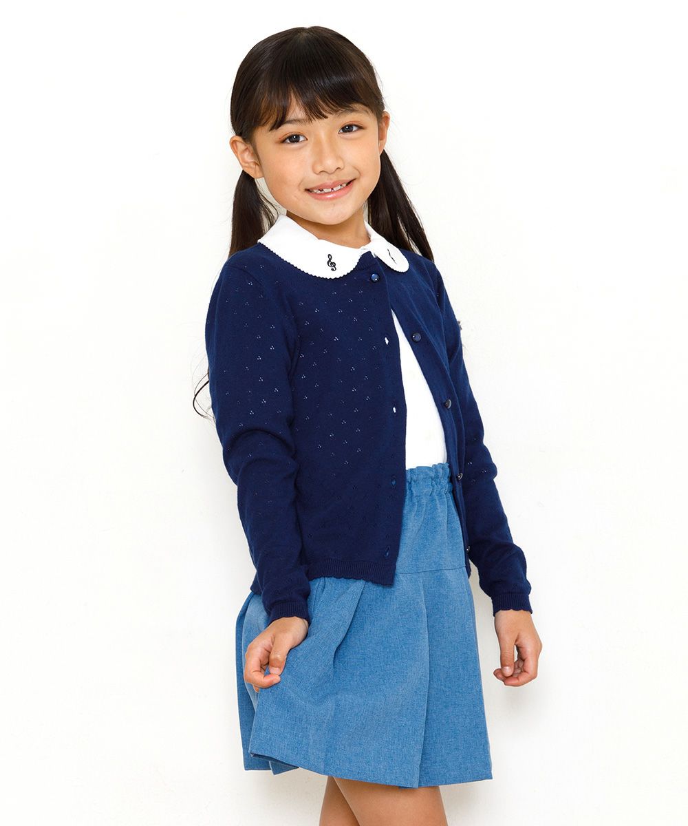 Children's clothing girl 100 % cotton eyelet braid cardigan navy (06) model image 3
