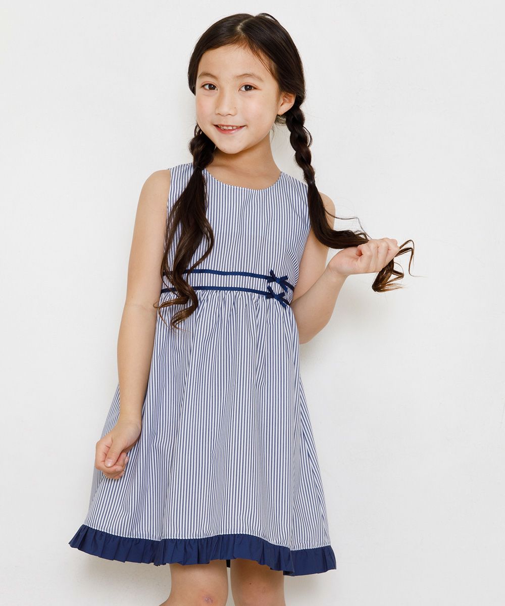 Stripe dress with line and ribbon design Navy model image up
