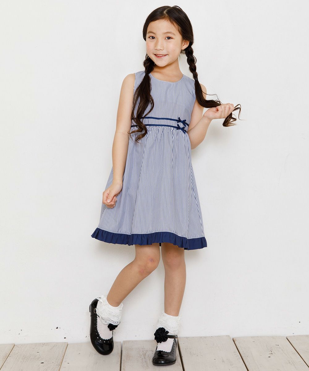Stripe dress with line and ribbon design Navy model image whole body