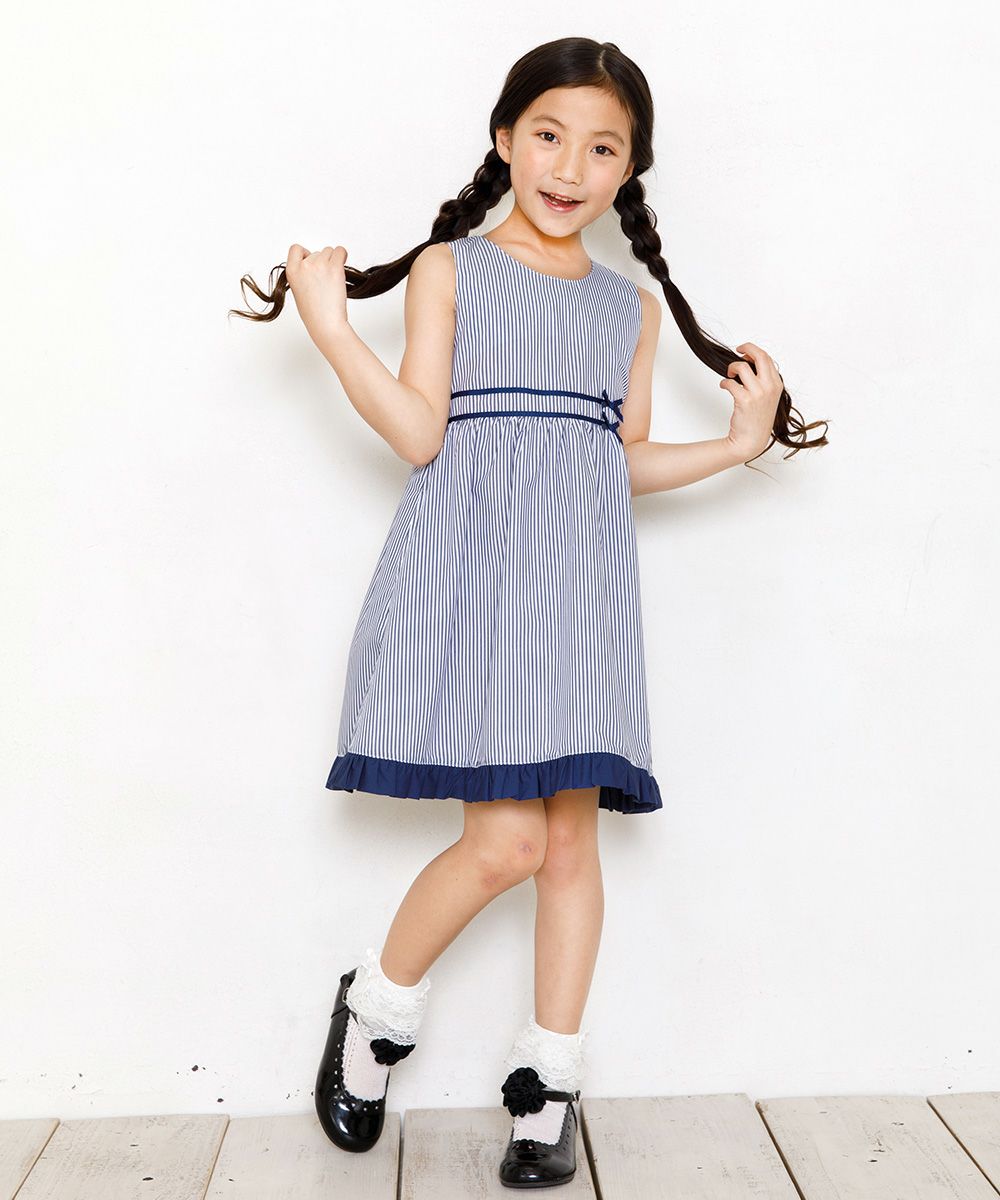 Stripe dress with line and ribbon design Navy model image 2