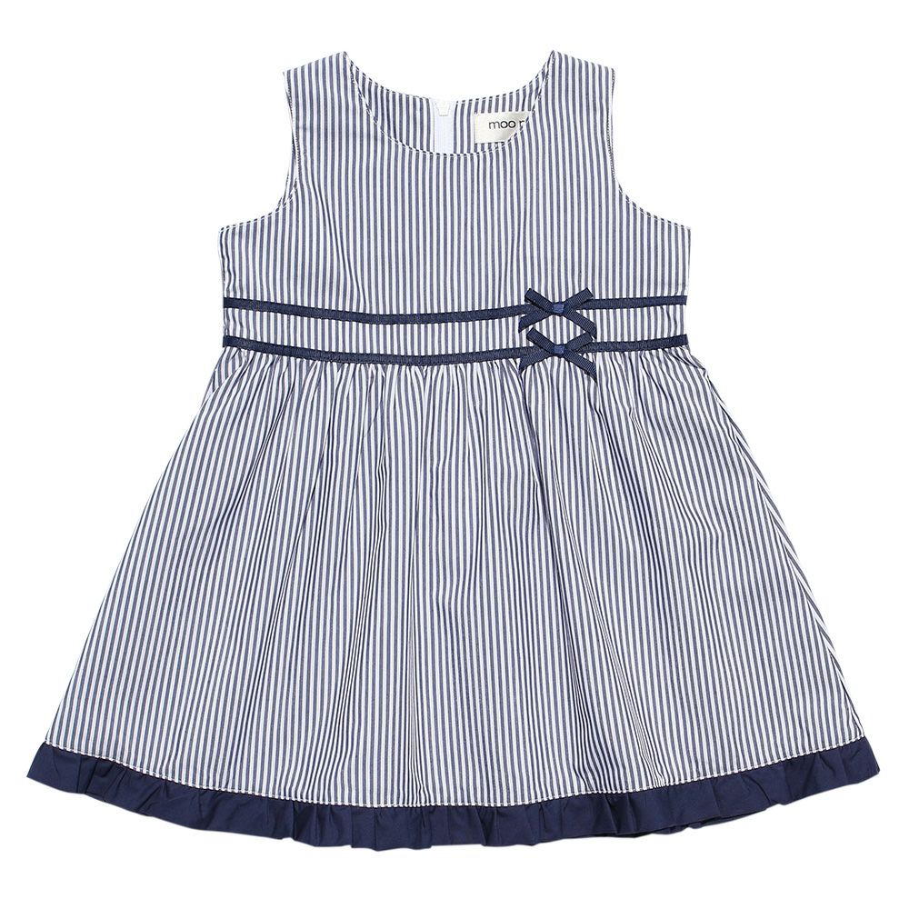 Baby size stripe dress with line and ribbon design Navy front