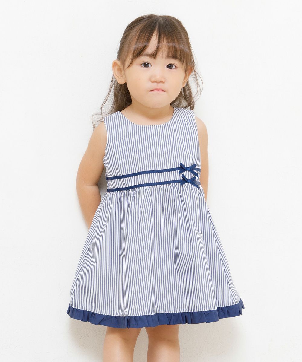 Baby size stripe dress with line and ribbon design Navy model image up