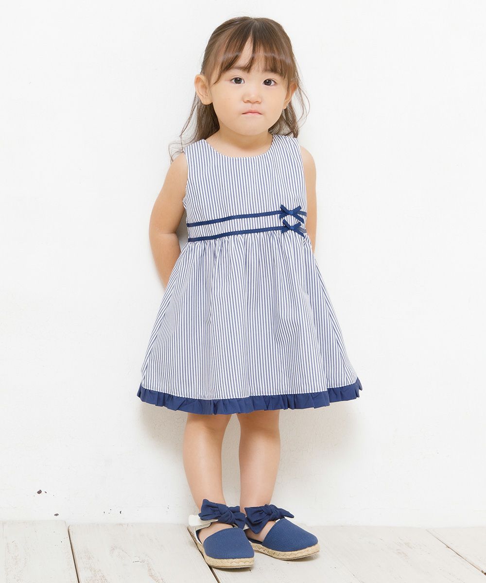 Baby size stripe dress with line and ribbon design Navy model image whole body