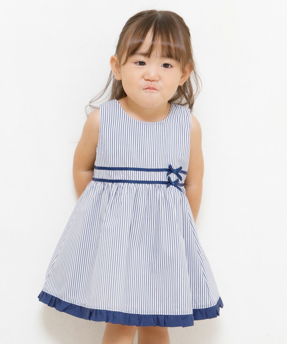 Baby size stripe dress with line and ribbon design Navy model image 1