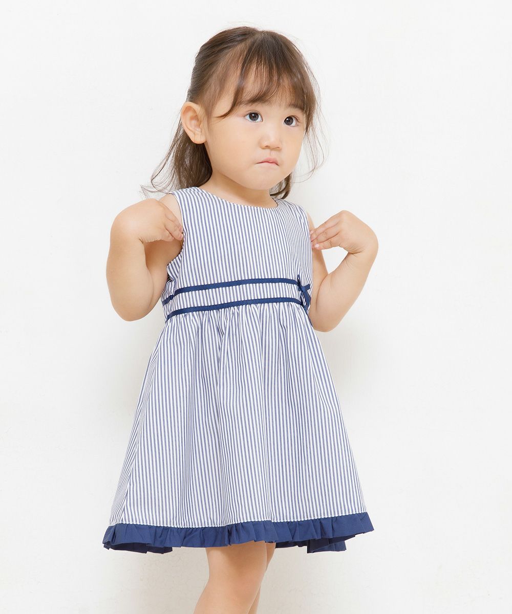Baby size stripe dress with line and ribbon design Navy model image 2