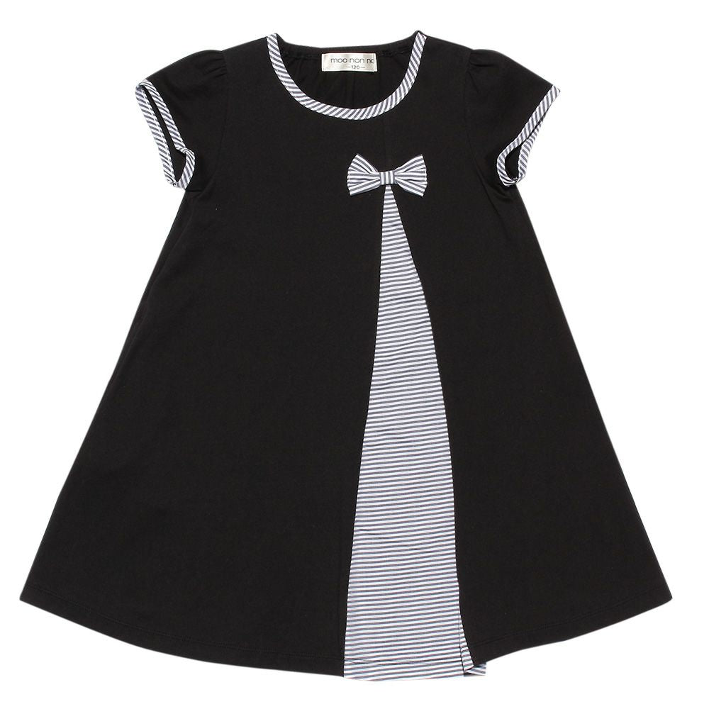 Switching pattern A-line stripe dress with ribbon Black front