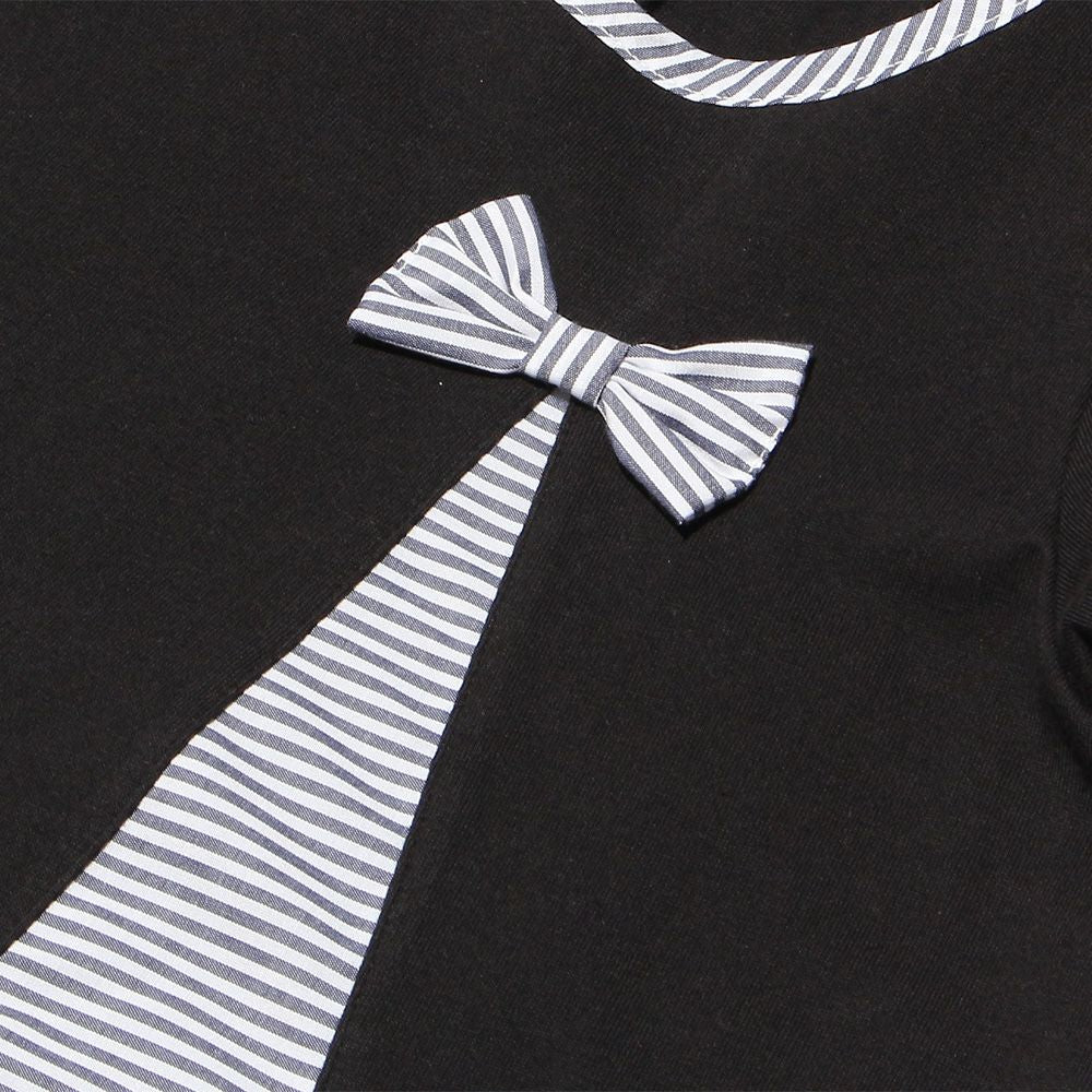 Switching pattern A-line stripe dress with ribbon Black Design point 1