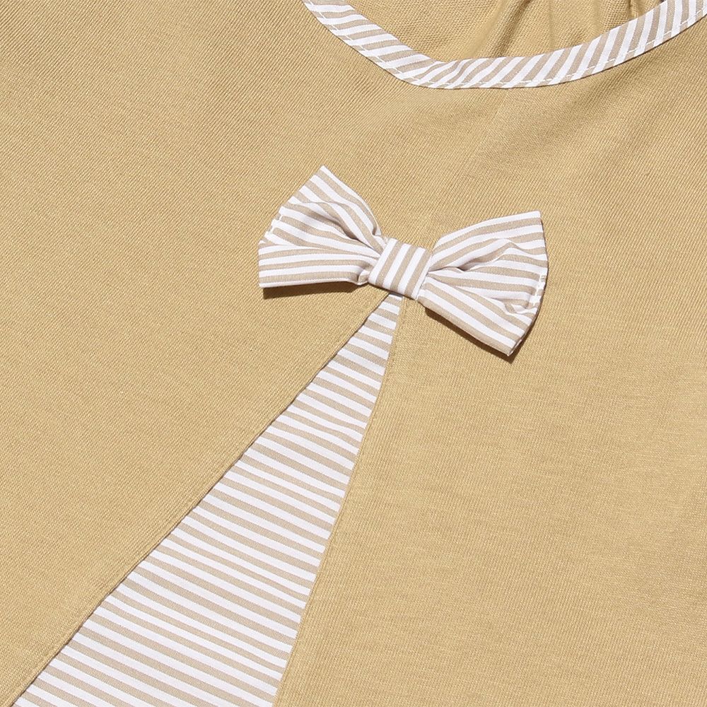 Switching pattern A-line stripe dress with ribbon Brown Design point 1