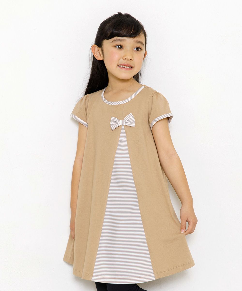 Switching pattern A-line stripe dress with ribbon Brown model image 3