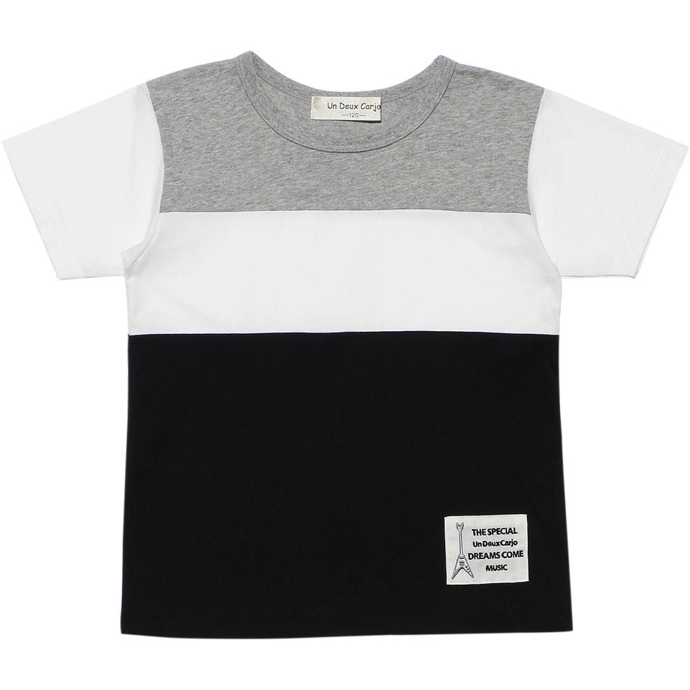 100 % cotton color scheme switching T -shirt with guitar uplique Black front