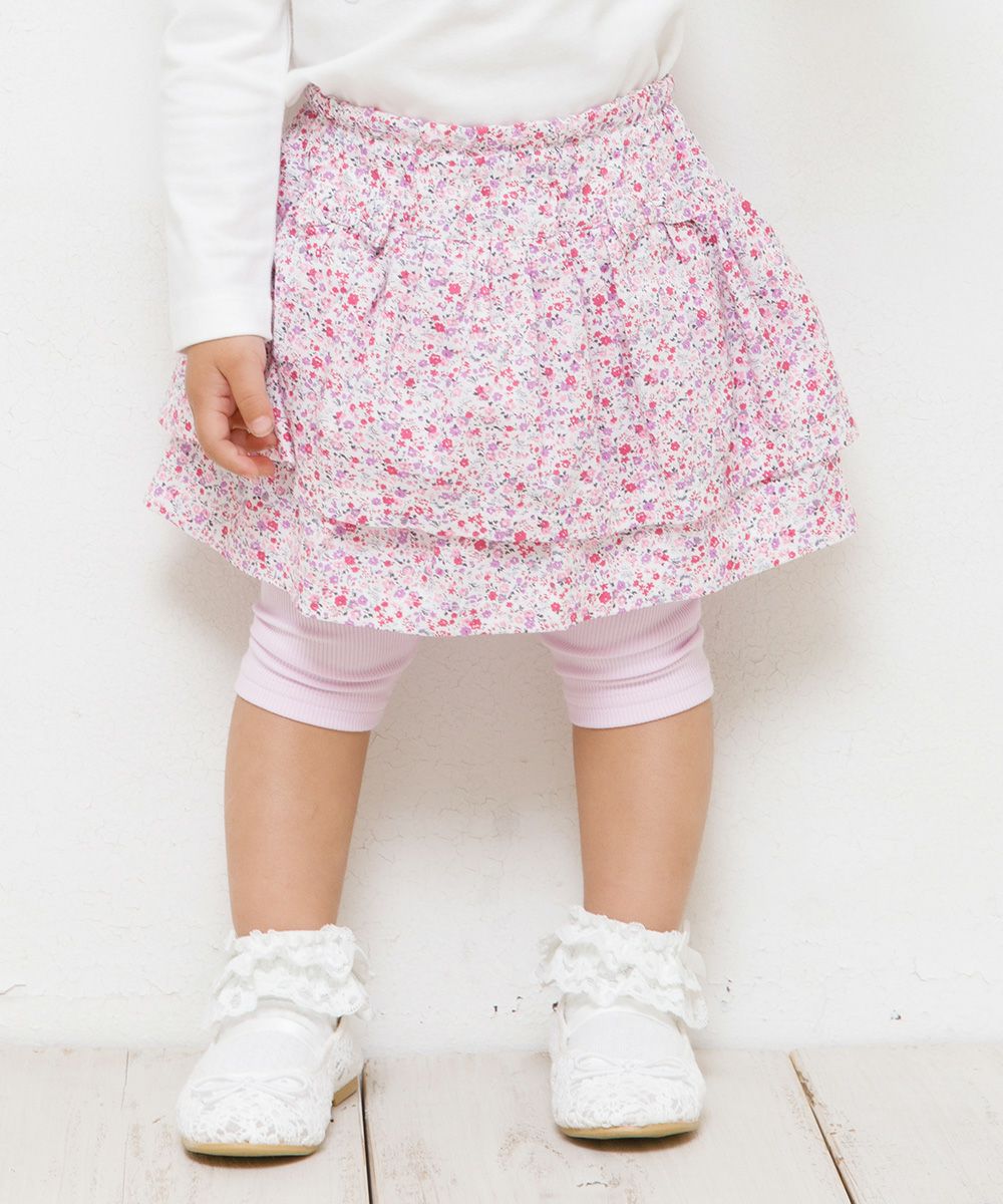 Floral pattern frill skirt knee-length leggings scats Pink model image up