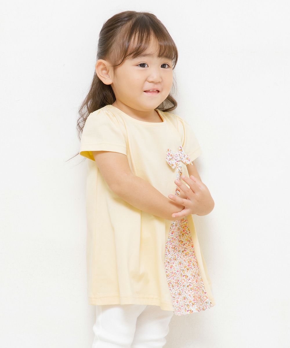 Baby size 100 % cotton switching floral T-shirt with ribbon Yellow model image up