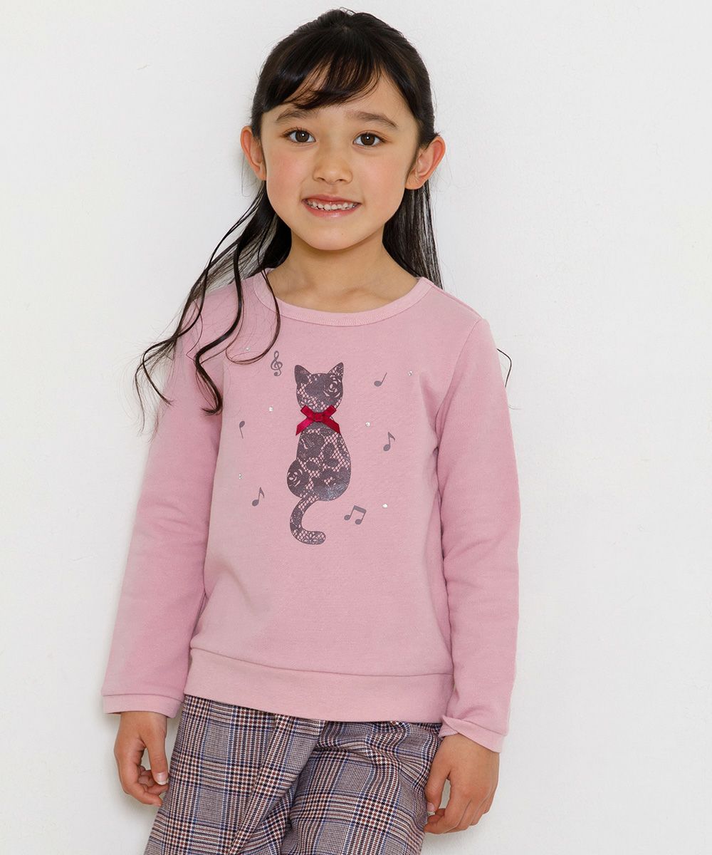 Children's clothing girl cat print & ribbon back trainer pink (02) Model image up