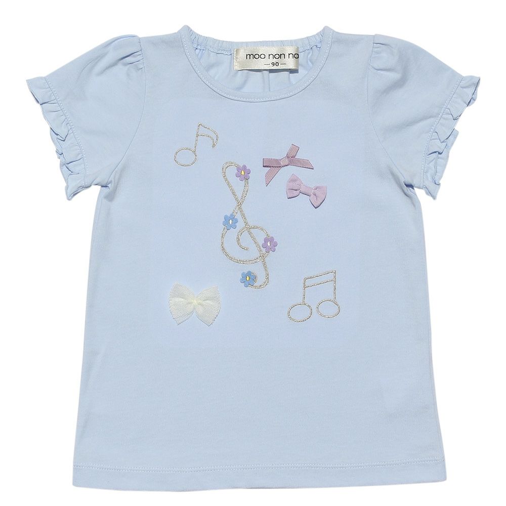 Baby size 100 % cotton note & ribbon motif T -shirt Blue front