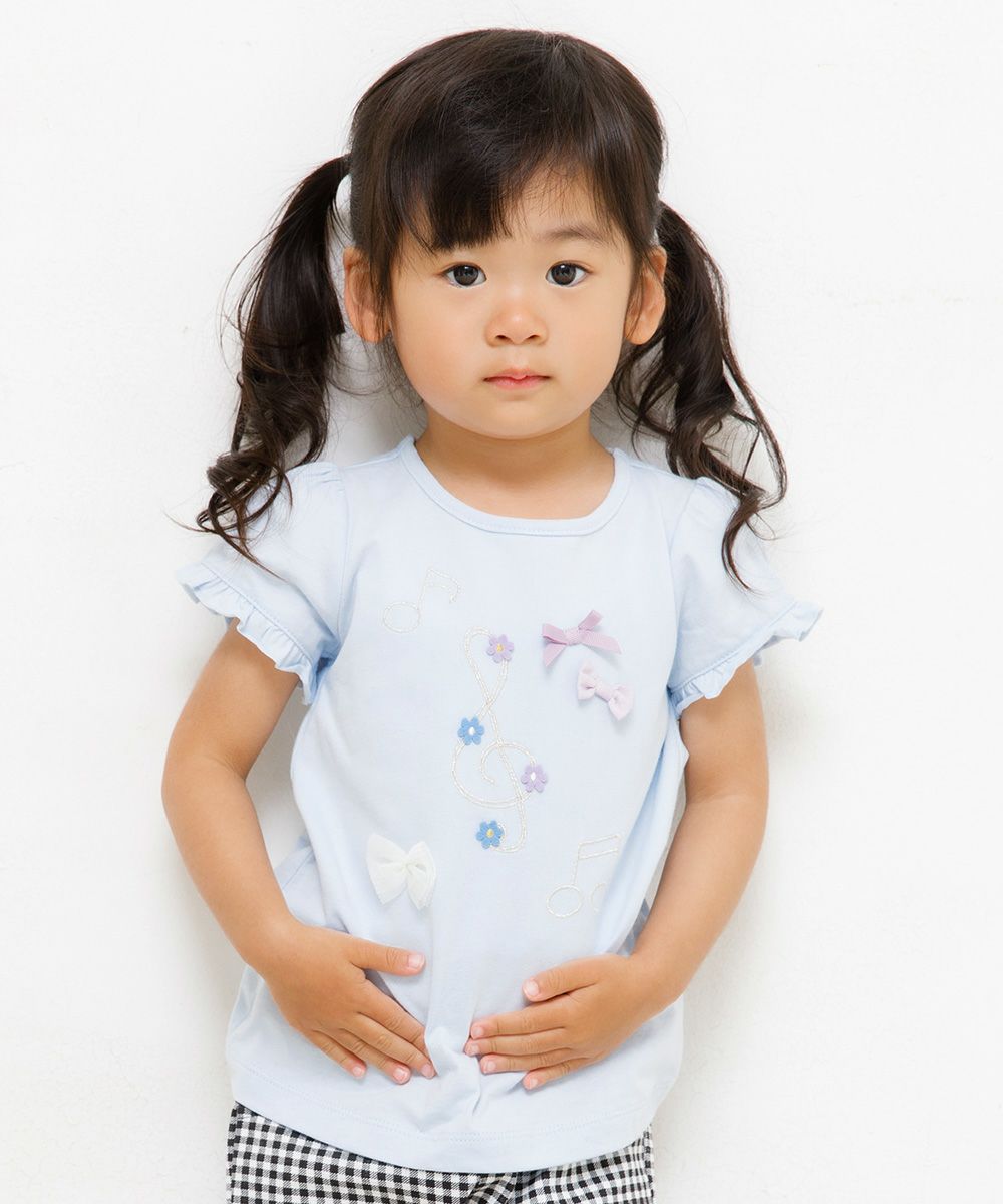 Baby size 100 % cotton note & ribbon motif T -shirt Blue model image up