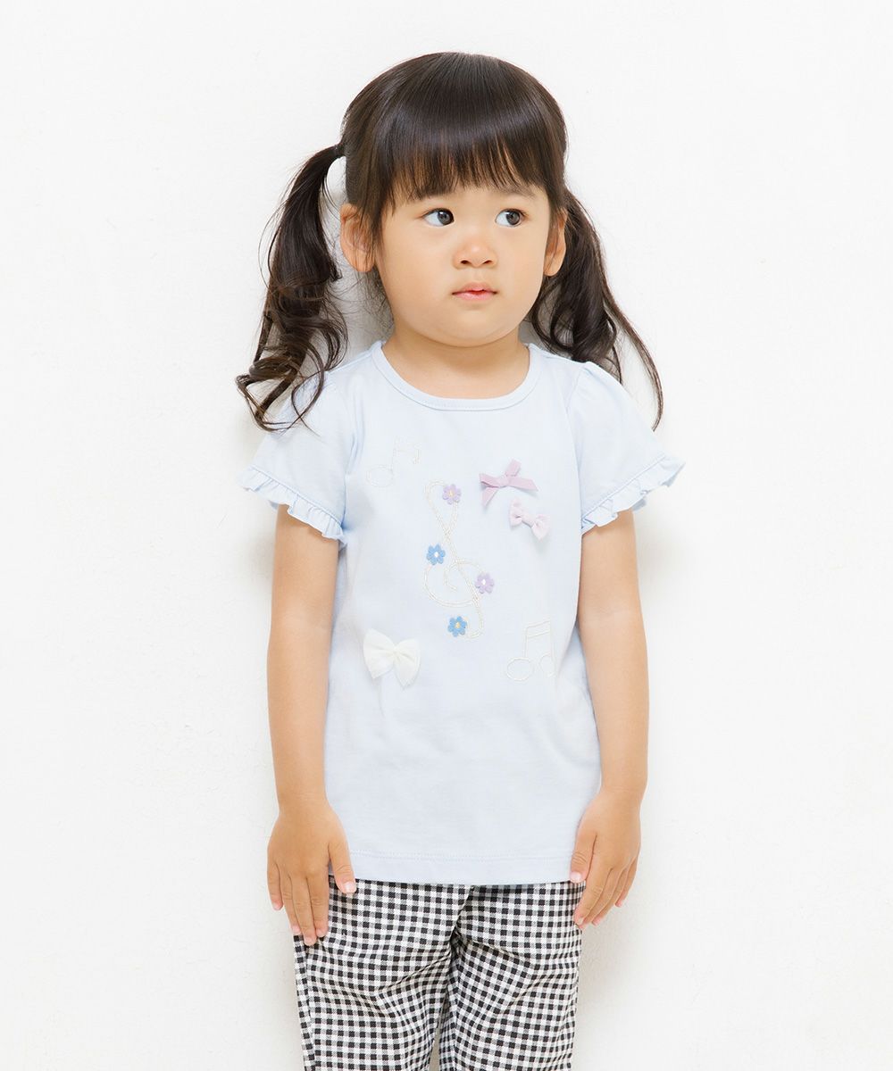 Baby size 100 % cotton note & ribbon motif T -shirt Blue model image 3