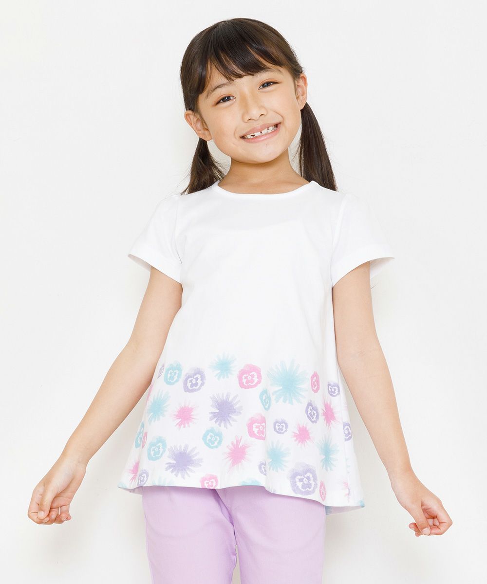 Children's clothing girl 100 % cotton flower print A line T -shirt off -white (11) model image up