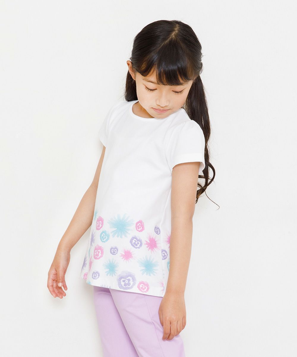 Children's clothing girl 100 % cotton flower print A line T -shirt off -white (11) model image 3