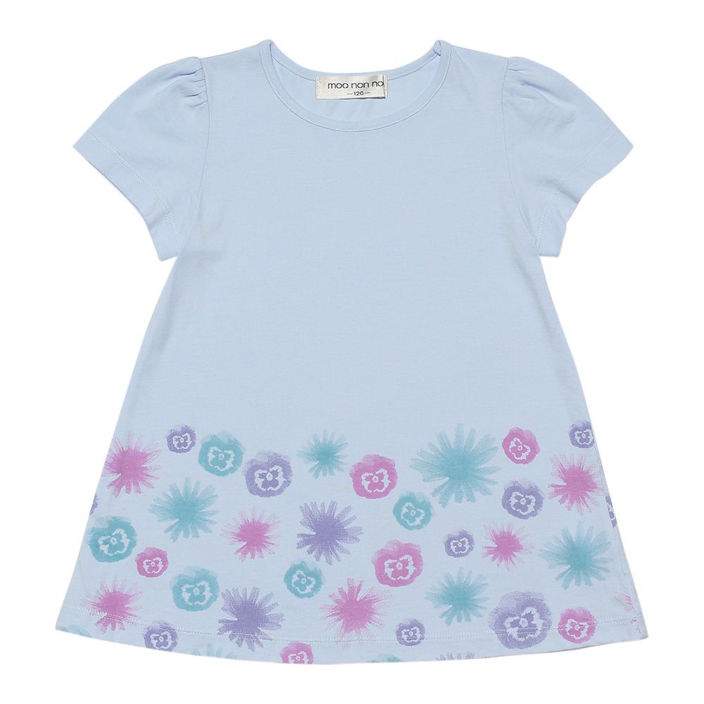 Children's clothing girl 100 % cotton flower print A line T -shirt blue (61) front