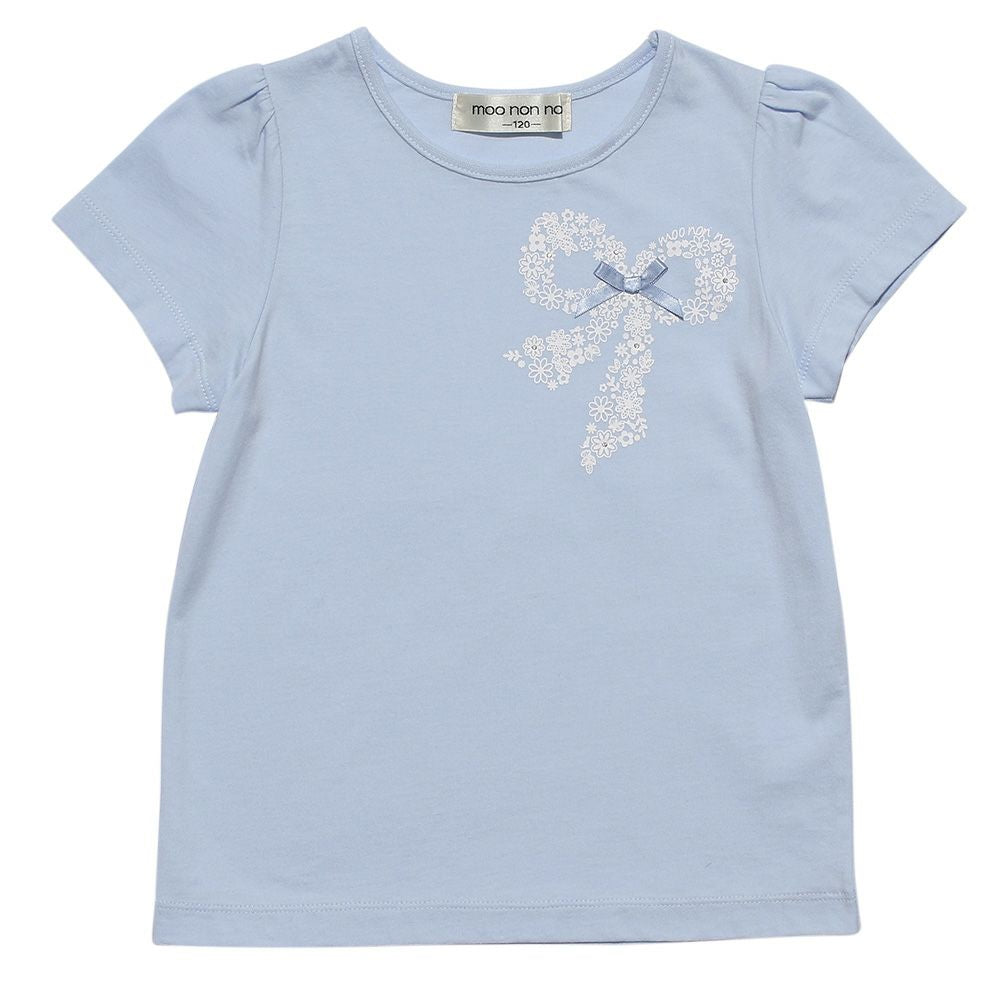 100 % cotton flower pattern ribbon print T -shirt Blue front