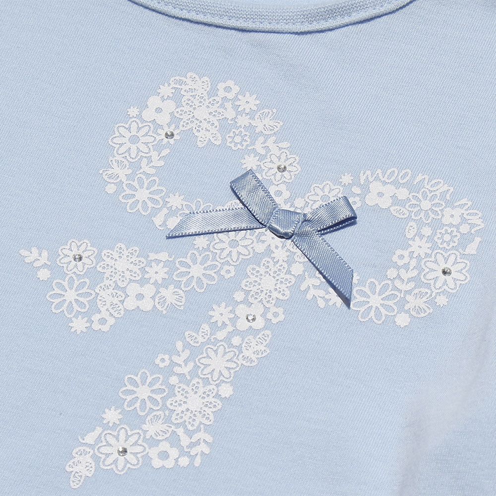 100 % cotton flower pattern ribbon print T -shirt Blue Design point 1