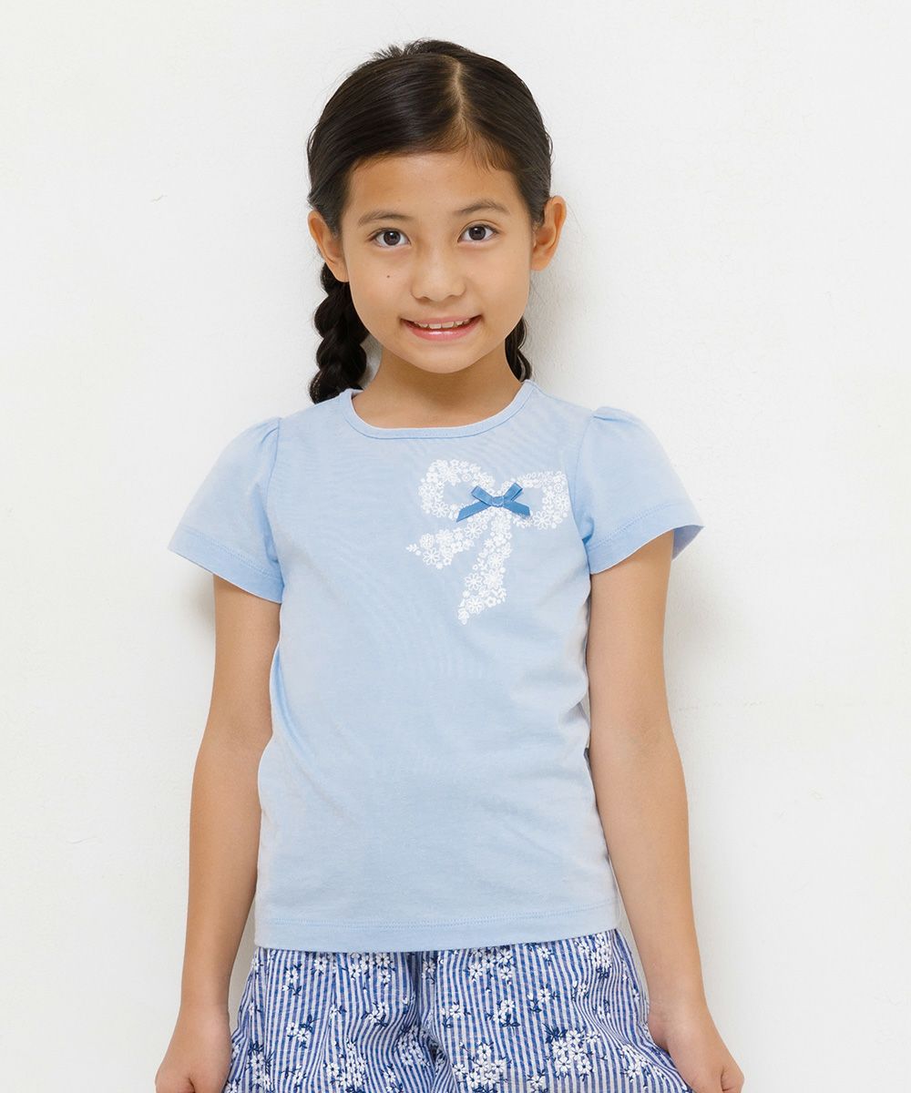 100 % cotton flower pattern ribbon print T -shirt Blue model image up