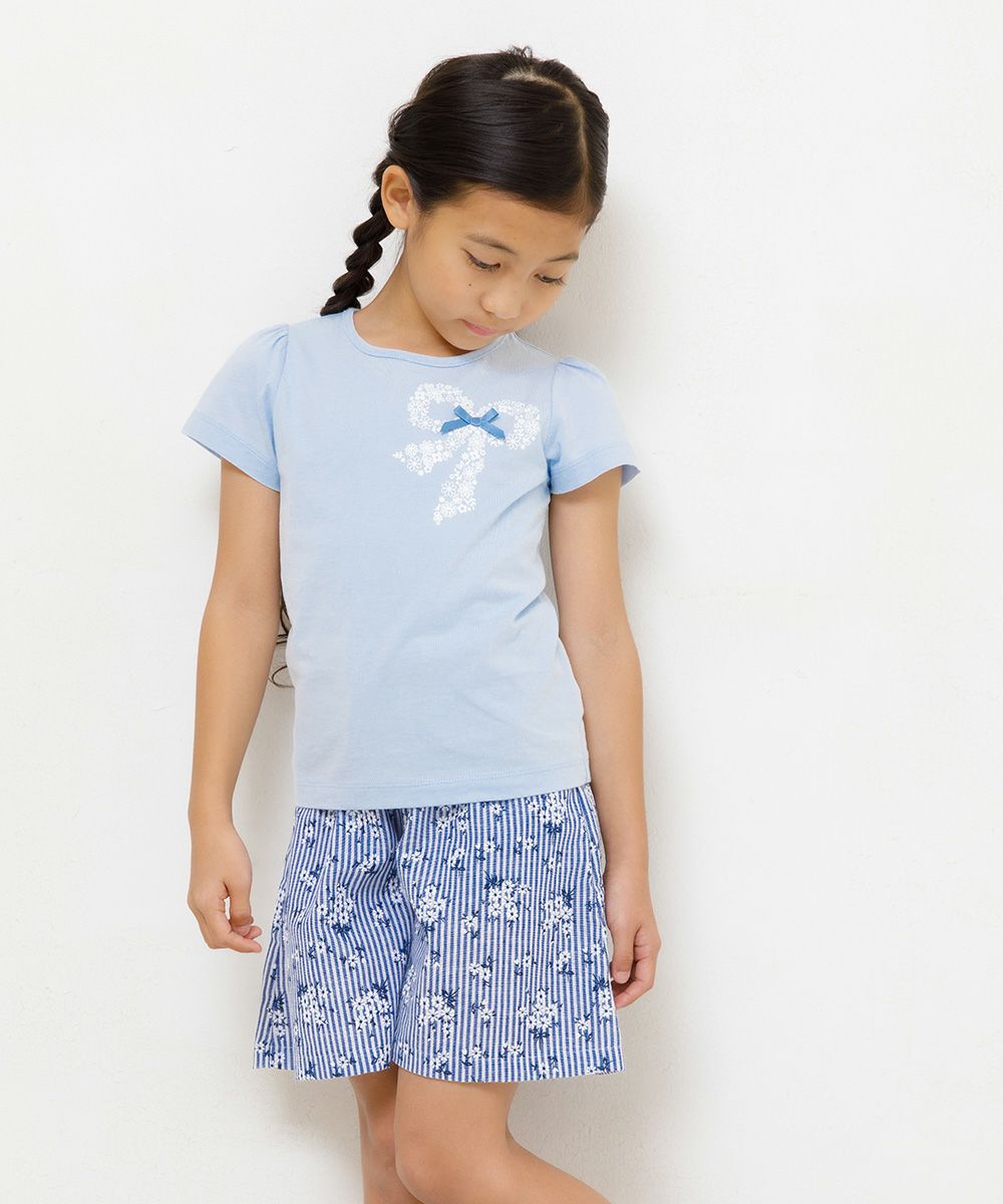 100 % cotton flower pattern ribbon print T -shirt Blue model image 3