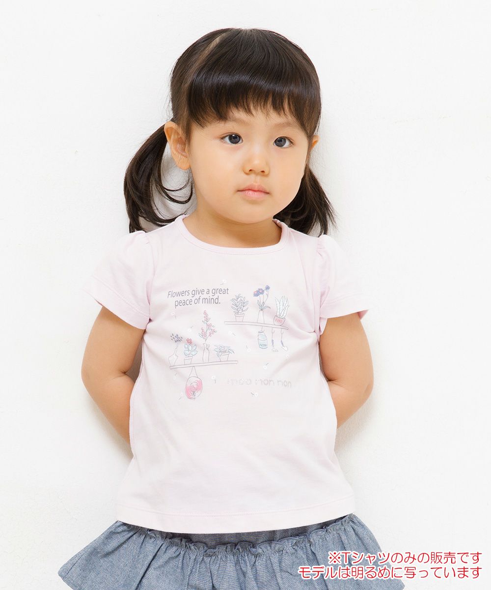 Baby size 100 % cotton flower print T-shirt with back ribbon Pink model image up