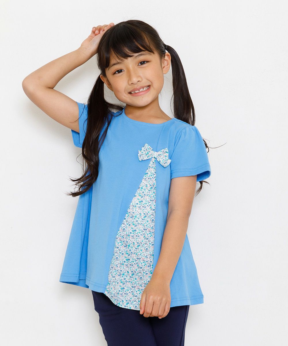 100 % cotton switching floral T-shirt with ribbon Blue model image 1