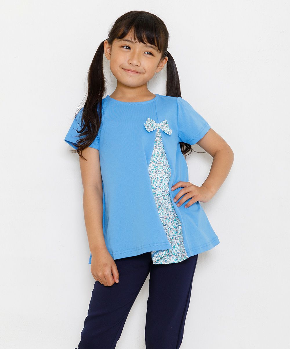 100 % cotton switching floral T-shirt with ribbon Blue model image 3