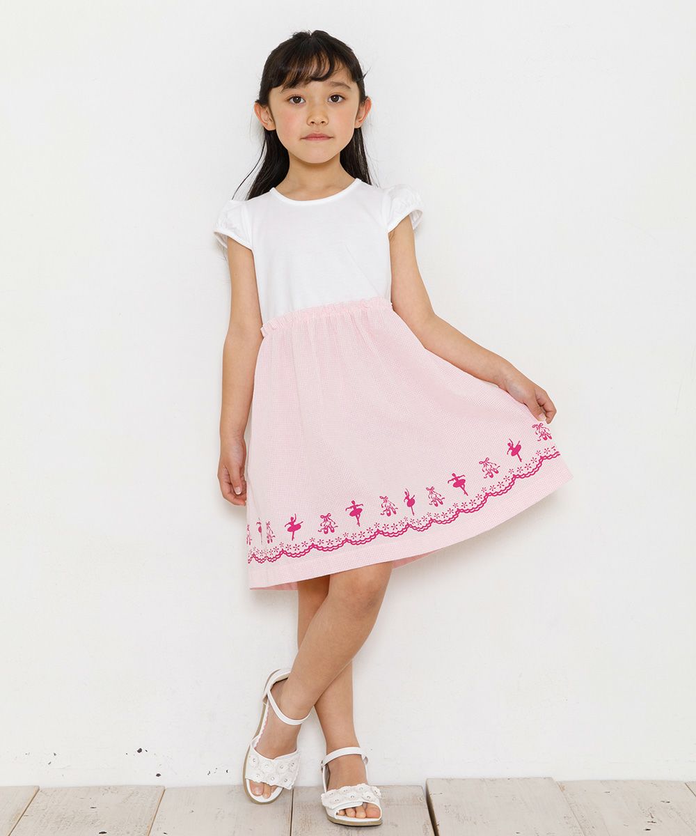 Ballet Print Gingham Check Pattern Switching dress Pink model image whole body