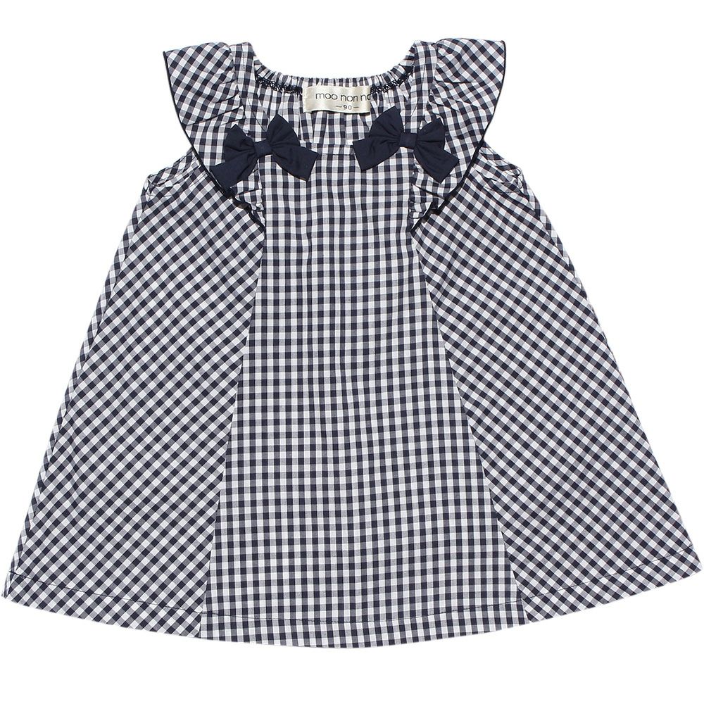 Baby size Gingham A line dress will frill and ribbon Navy front