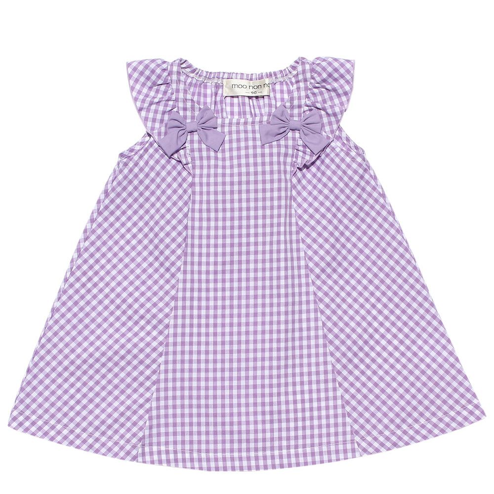 Baby size Gingham A line dress will frill and ribbon Purple front