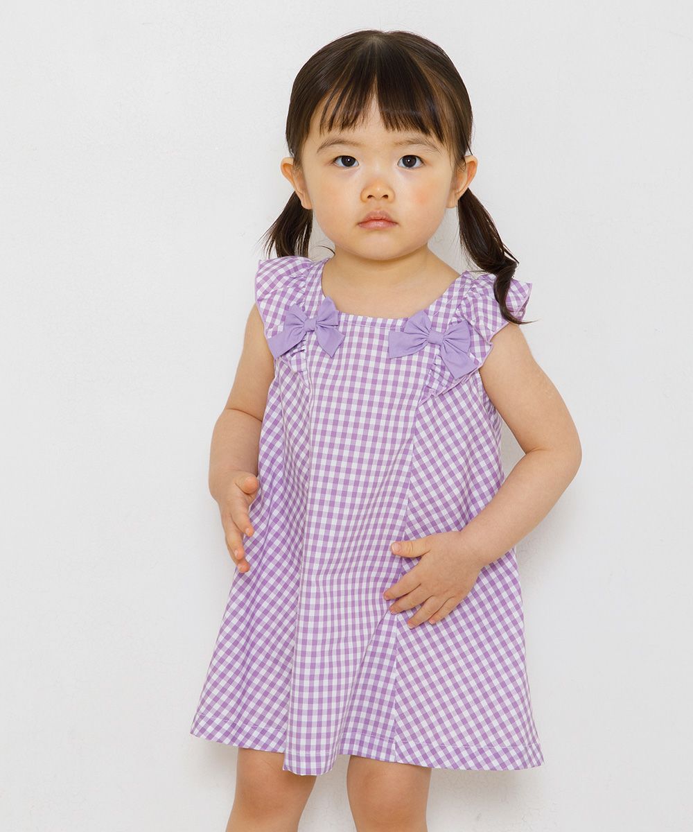 Baby size Gingham A line dress will frill and ribbon Purple model image up