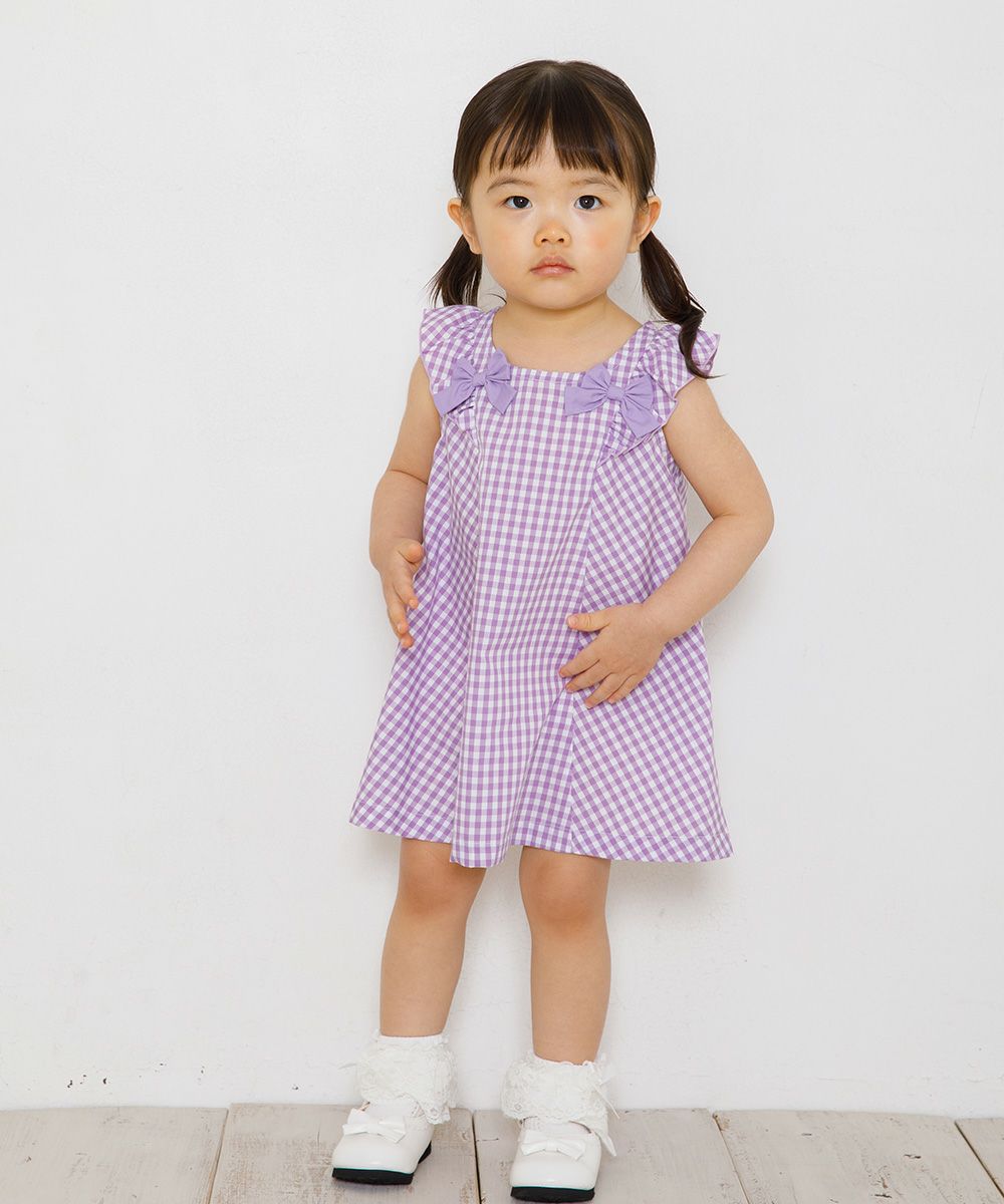 Baby size Gingham A line dress will frill and ribbon Purple model image whole body