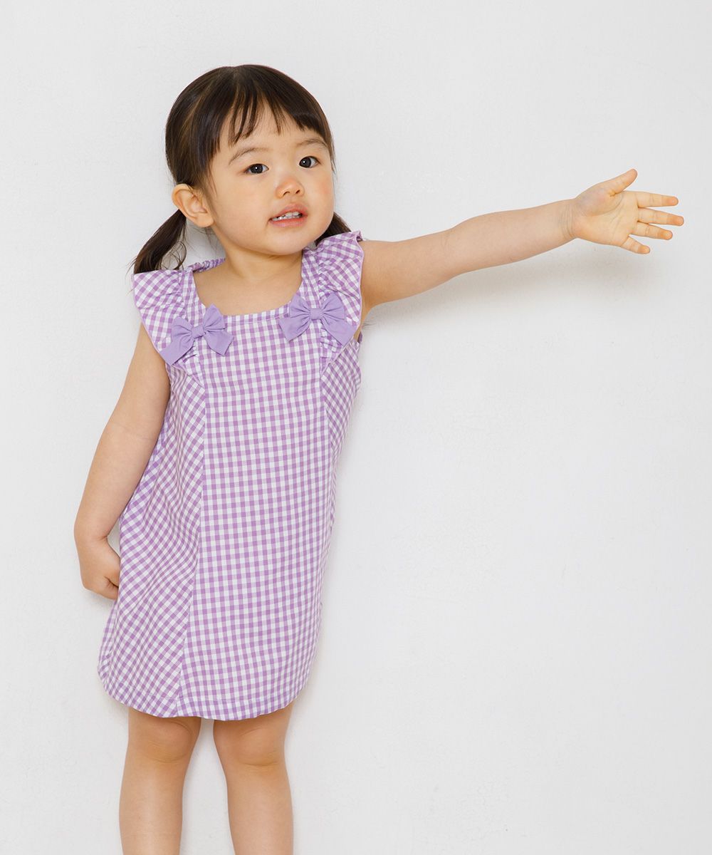 Baby size Gingham A line dress will frill and ribbon Purple model image 1