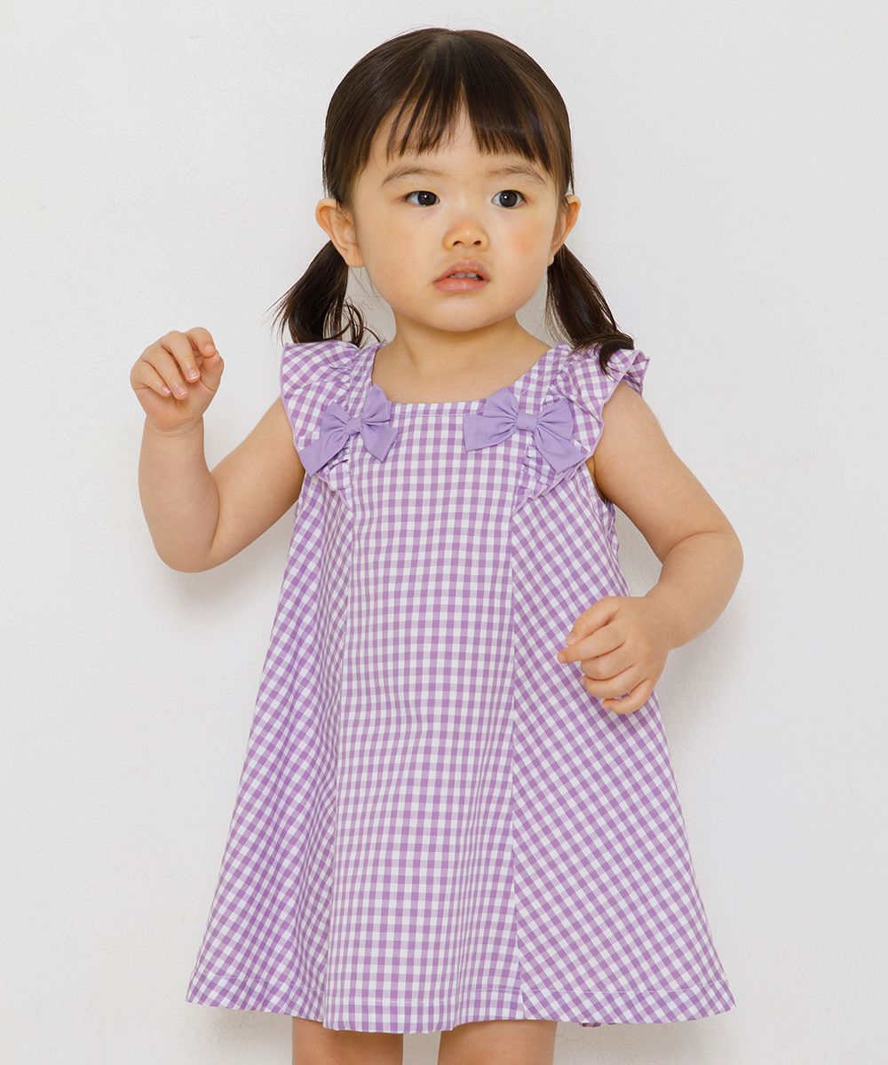 Baby size Gingham A line dress will frill and ribbon Purple model image 2