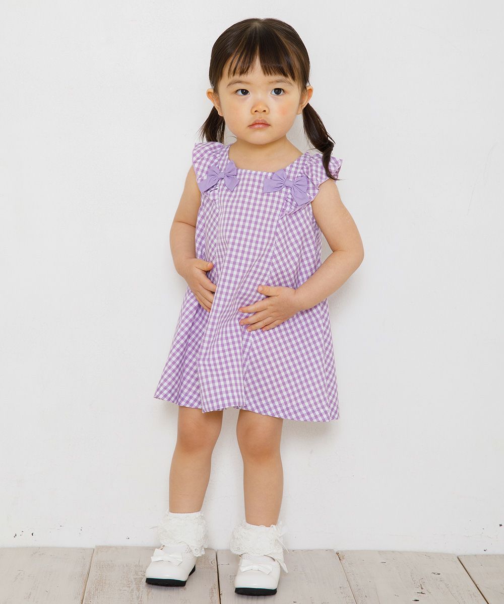 Baby size Gingham A line dress will frill and ribbon Purple model image 3