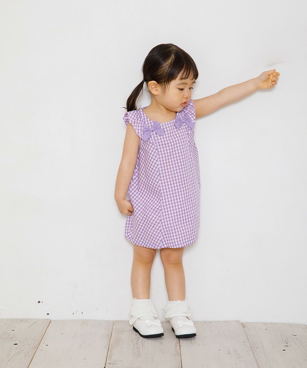 Baby size Gingham A line dress will frill and ribbon Purple model image 4