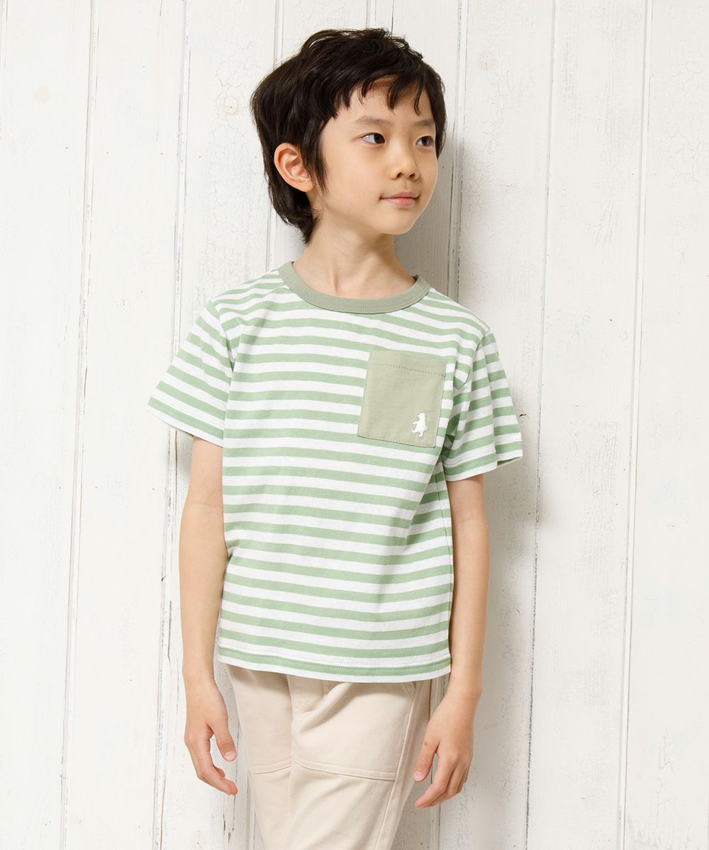100 % cotton border pattern bear embroidery T -shirt Green model image up