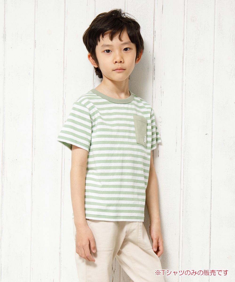 100 % cotton border pattern bear embroidery T -shirt Green model image 1