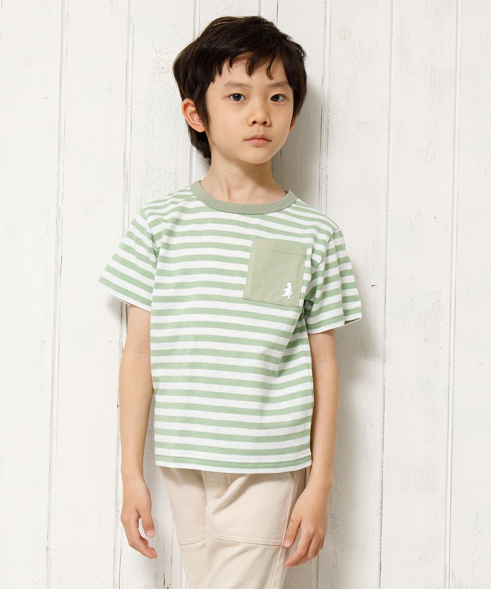 100 % cotton border pattern bear embroidery T -shirt Green model image 3