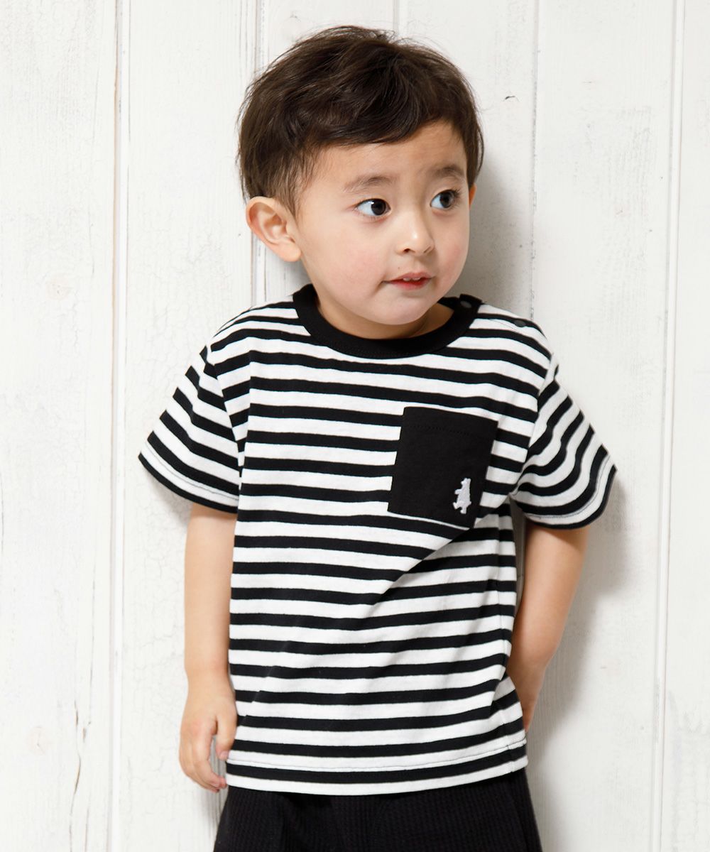 Baby size 100 % cotton border pattern bear embroidery T -shirt Black model image up